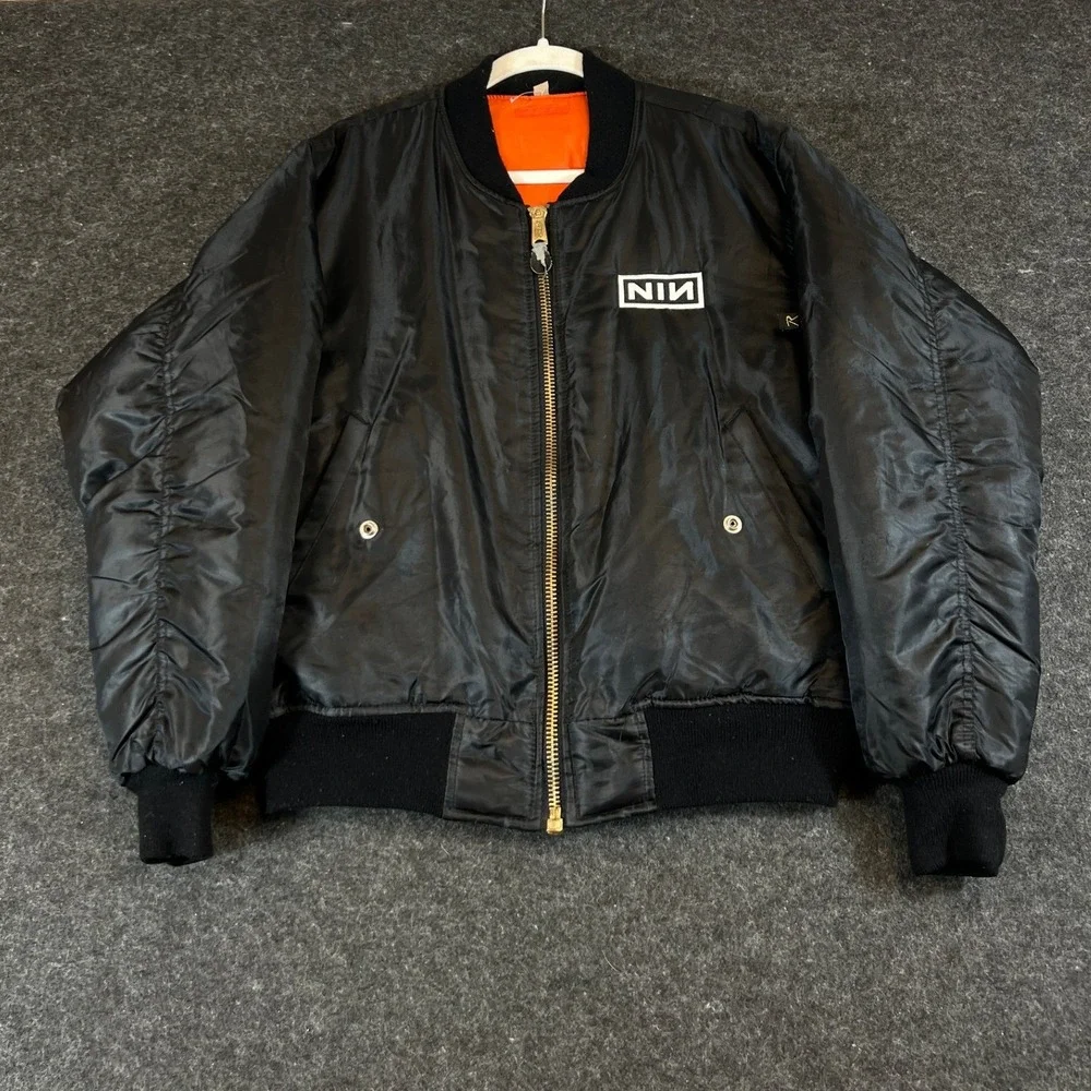 VTG Nine Inch Nails NIN Bomber Jacket Large Black Orange Pretty Hate Machine 90s